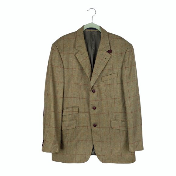 Burberry Elbow Patch Blazer Jacket Sportcoat Green Tan Plaid Wool Mens 52/US 42